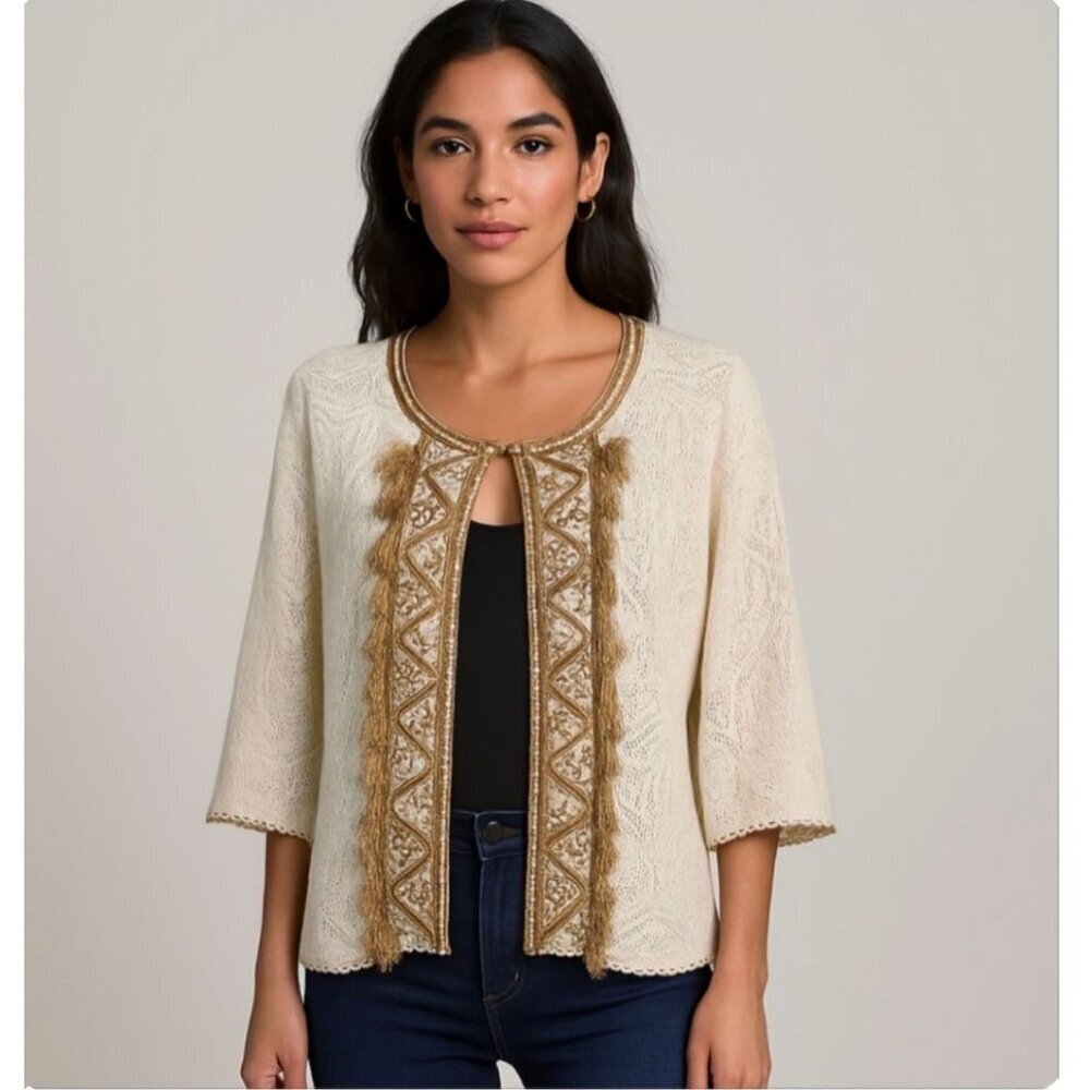 Calypso St. Barth Beaded Tasseled Lace Hook Eye Cardigan Size Small Cotton Blend